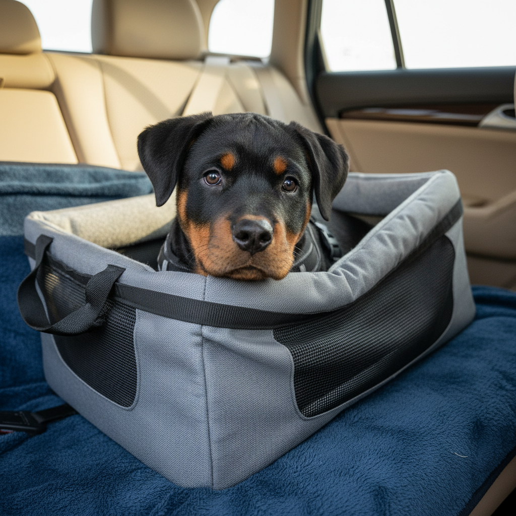 Rottweiler puppy being transported safely, puppy delivery nationwide from Texas breeder