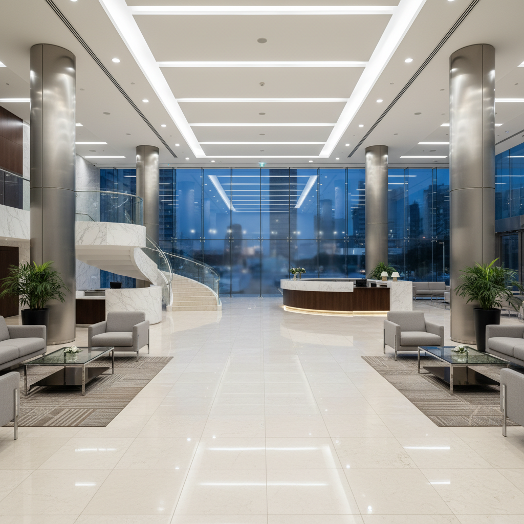 Gleaming Nairobi high-rise lobby with marble floors and overhead downlights, every surface impossibly clean