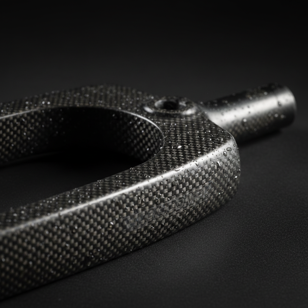 Carbon bicycle fork crown macro shot on black cyclorama with directional light raking across fiber weave
