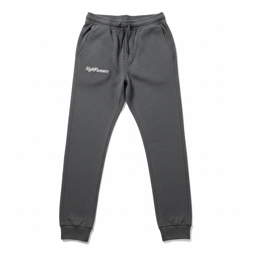 Dark tapered jogger pants product shot, modern streetwear silhouette on clean background