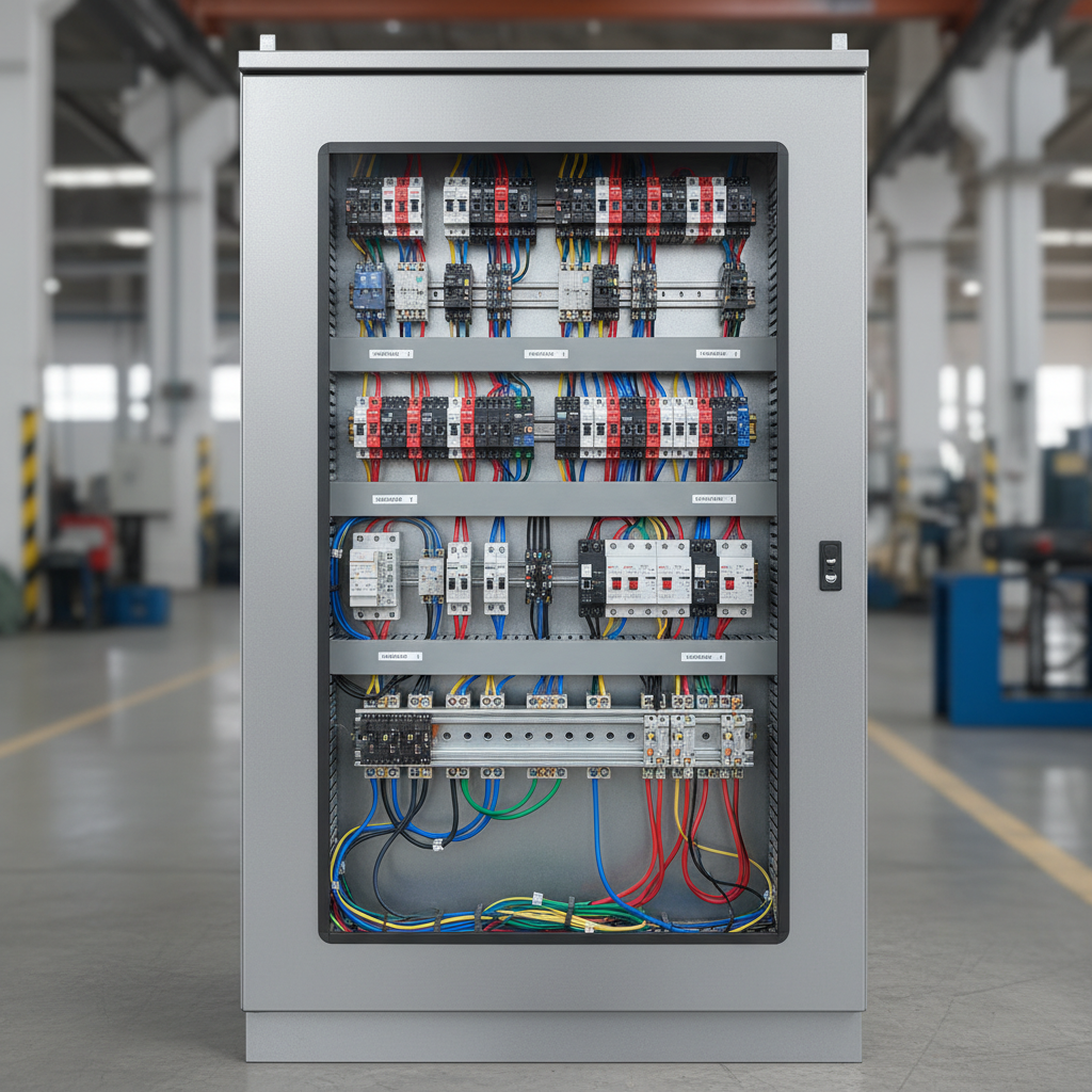 Electrical distribution board with multiple circuit breakers in metal enclosure