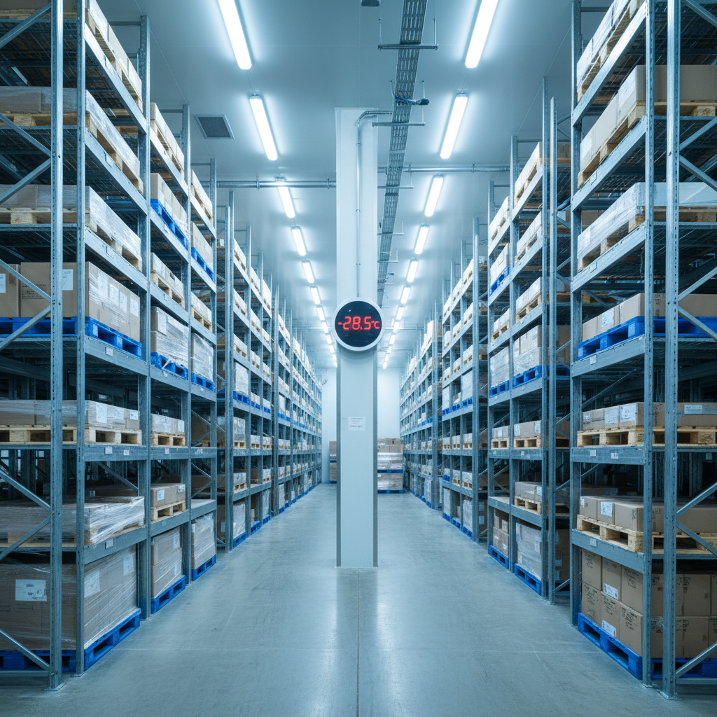 Cold storage warehouse with bright overhead lights, rows of frozen food pallets, clean industrial white environment