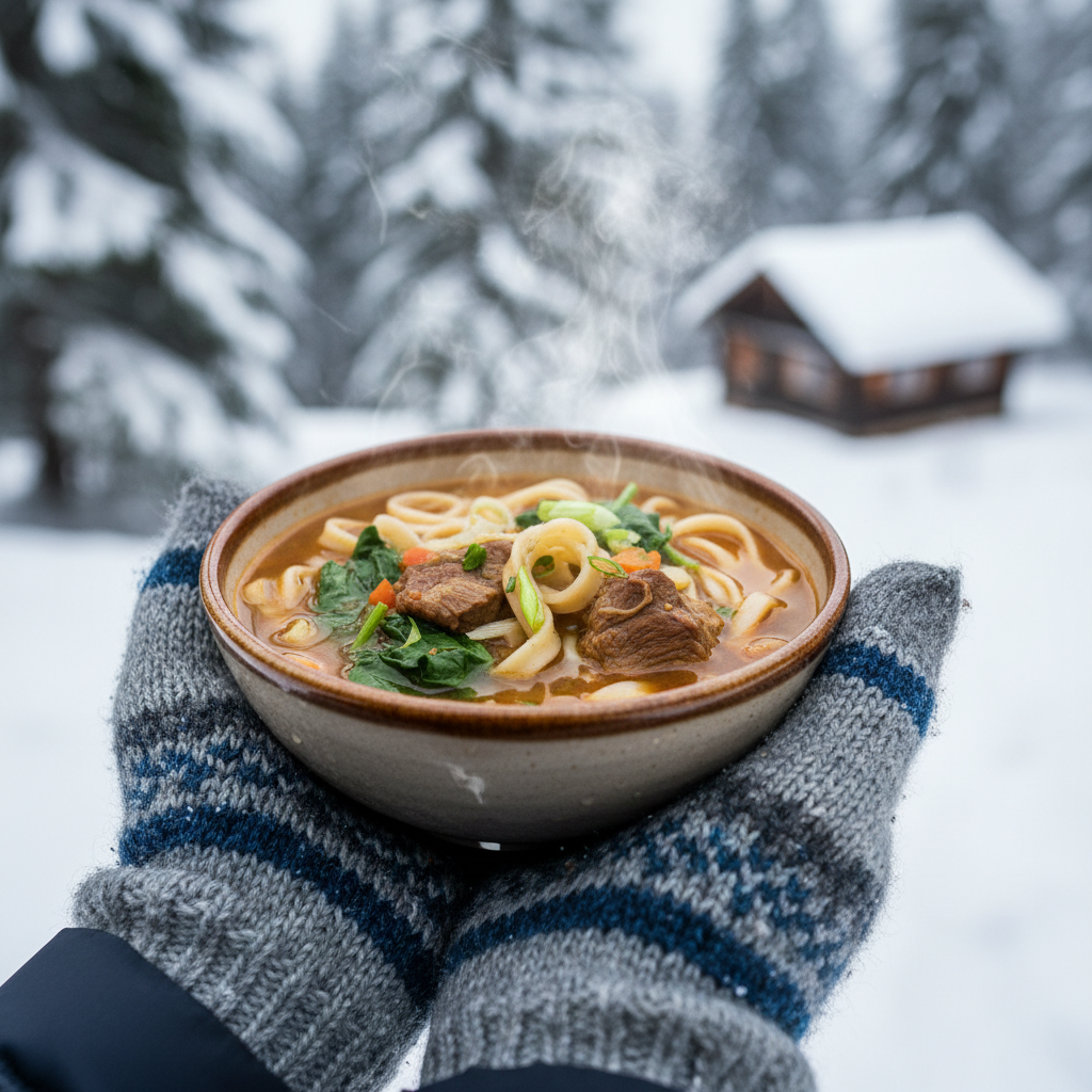 Steaming bowl of thukpa noodle soup held in winter gloves at an outdoor festival