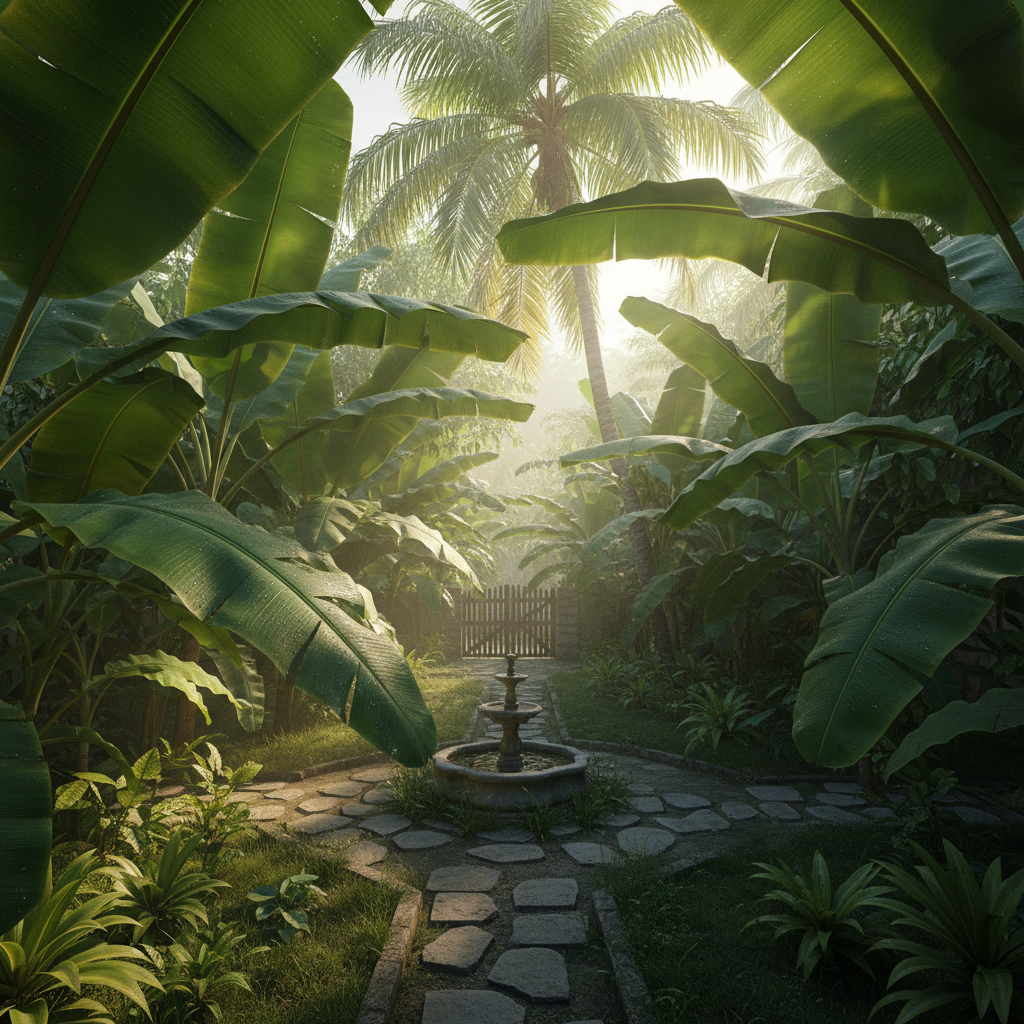 Open-air banana-leaf courtyard with morning light filtering through palm fronds