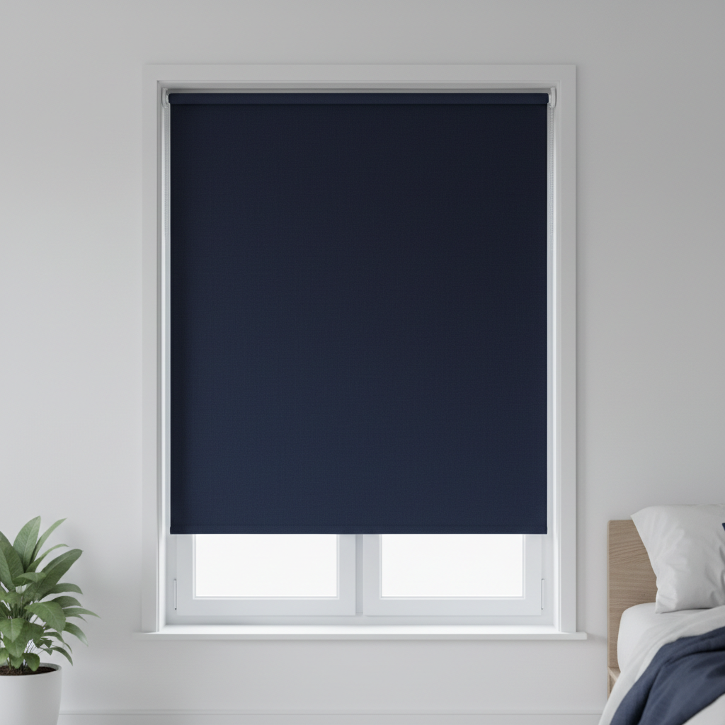 Dark blackout blinds creating complete light control in bedroom