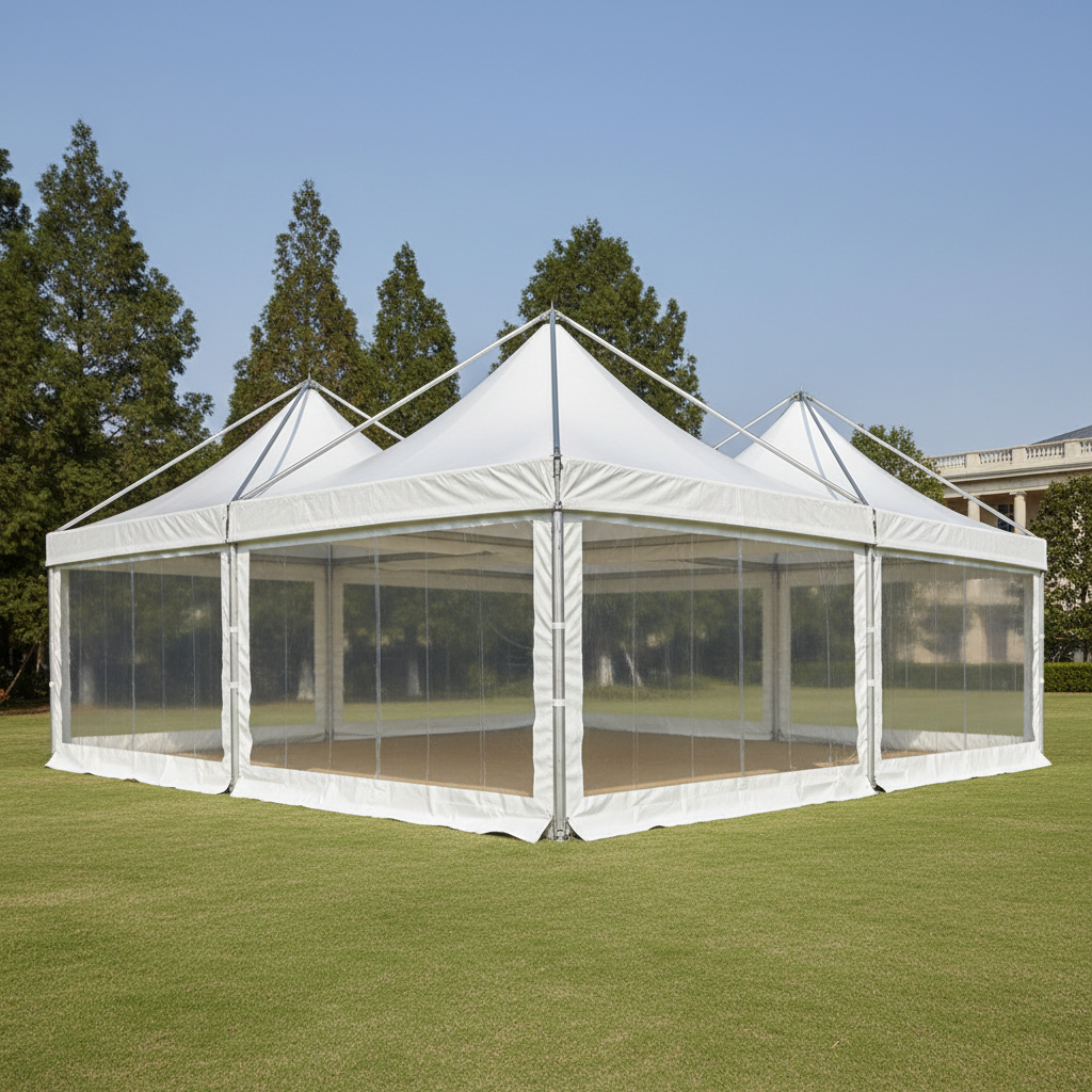 Tente pagode blanche de 5 par 5 mètres avec structure métallique installée dans un jardin pour un événement