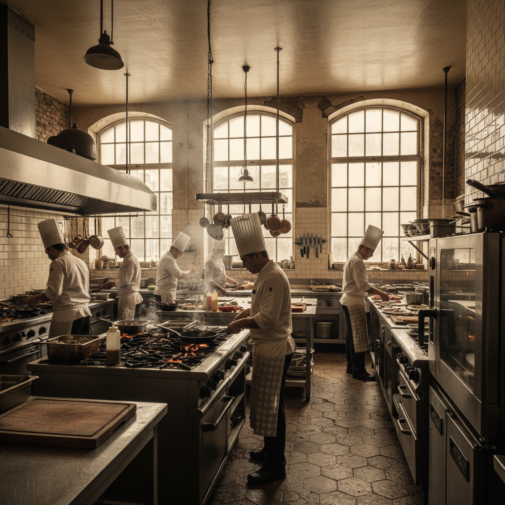 Archival black and white photo of original restaurant kitchen with chefs in tall toques