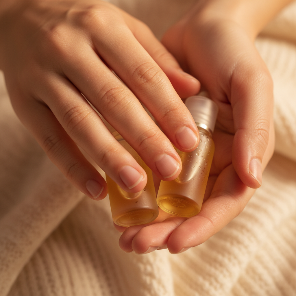Close up of fingers swatching serum on wrist in warm natural light