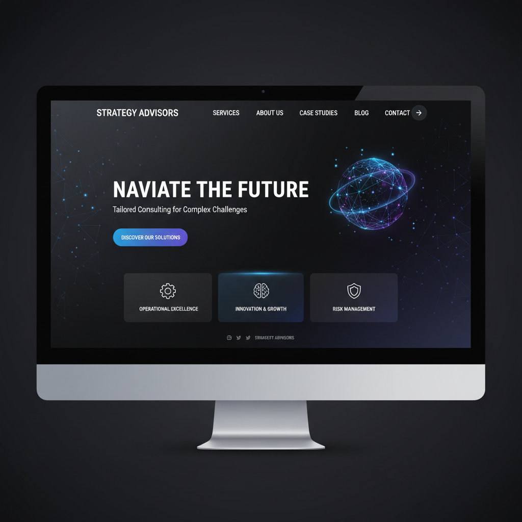 Professional consultant website with clean white background, dark text headings, professional portrait area, and teal accent contact button