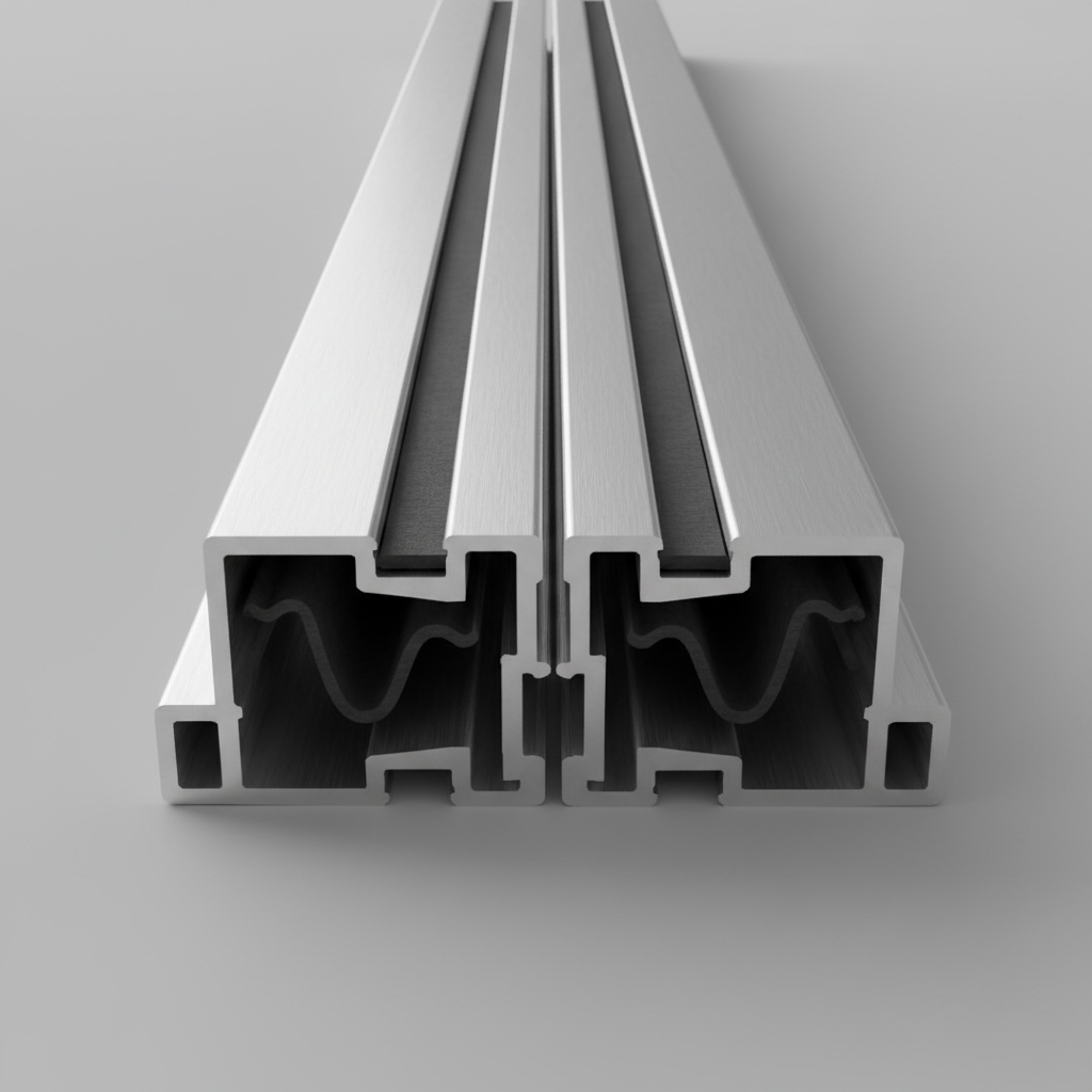 Cross-section of an aluminium window frame showing the polyamide thermal break between inner and outer profiles