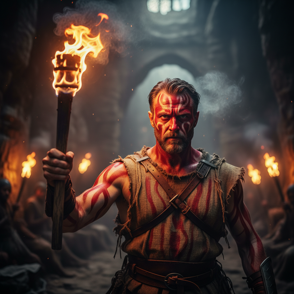 Dark throne room with red dramatic lighting and a warrior silhouette