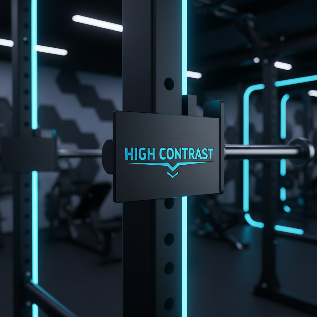 High contrast fitness brand identity on dark gym equipment background with electric blue accents
