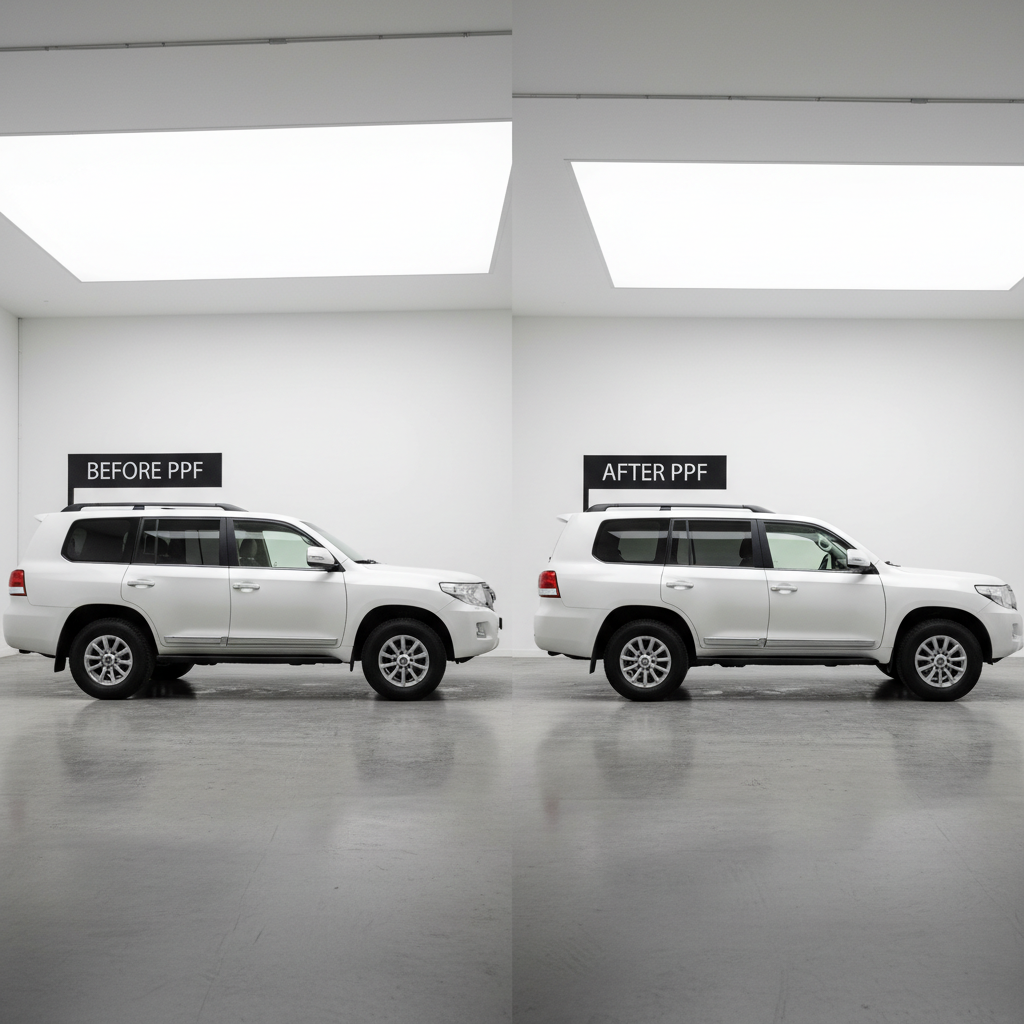 Video thumbnail showing Land Cruiser before and after PPF transformation side by side