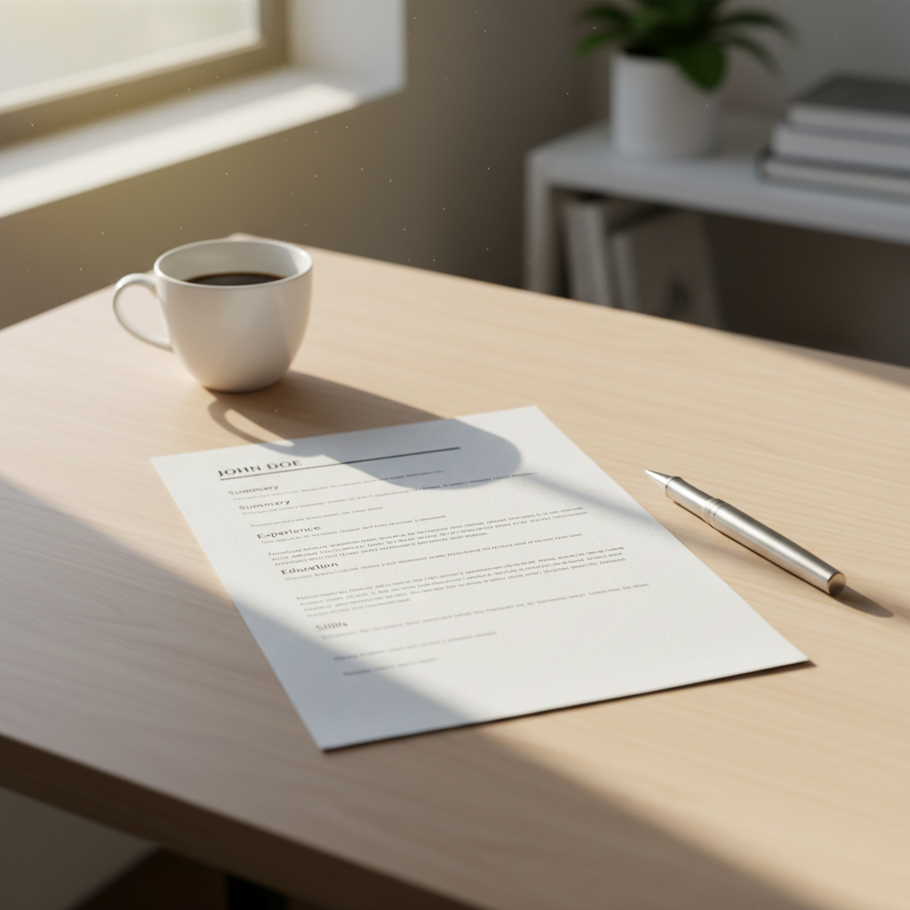 Clean resume document on a desk with a pen and coffee cup nearby