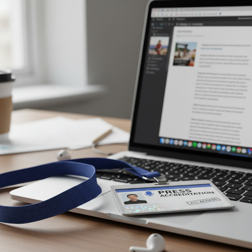 Press credential lanyard draped over an open laptop in a newsroom