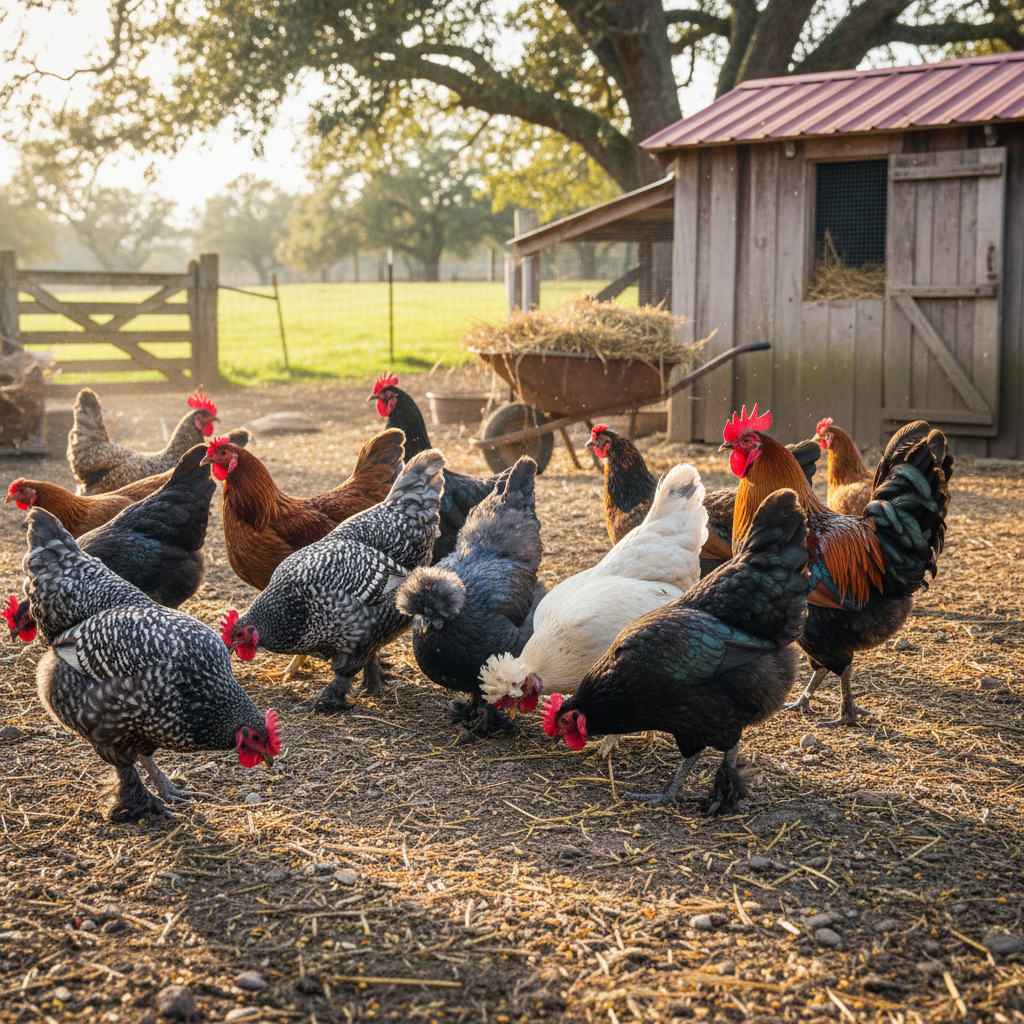 Diverse flock of heritage breed chickens including Wyandottes and Orpingtons in a sunlit outdoor run