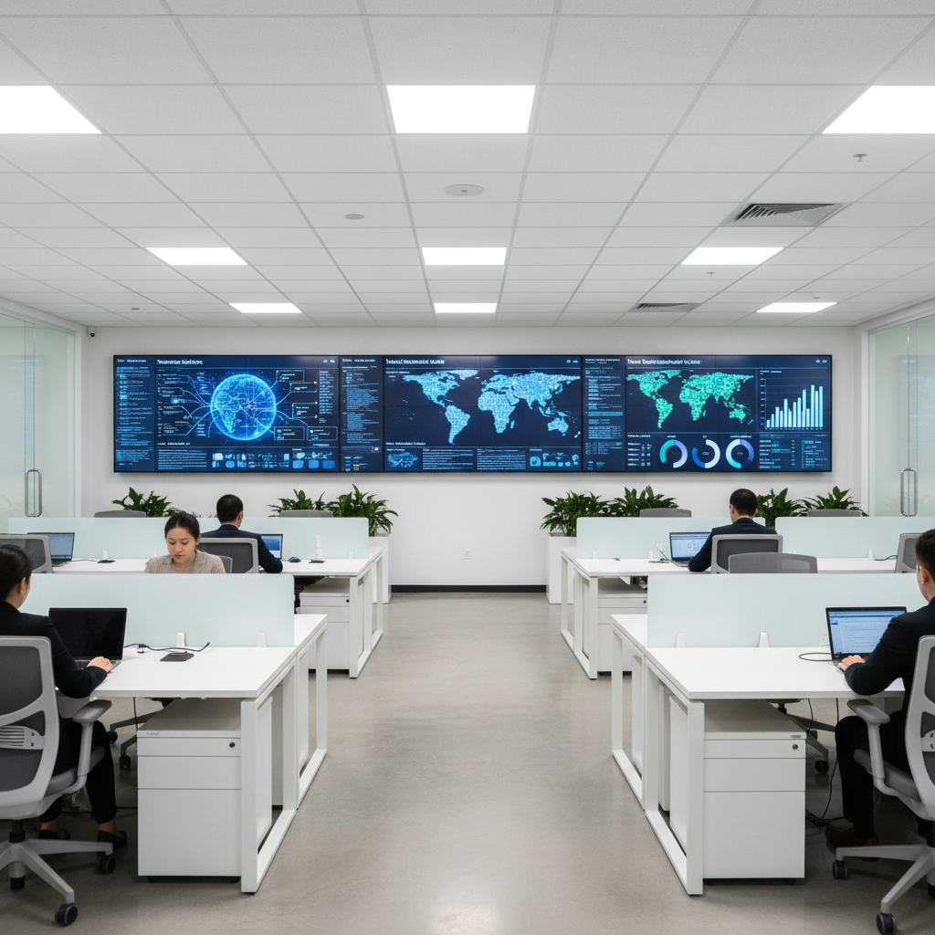 Enterprise operations center with large display screens showing data dashboards in a dark modern office environment