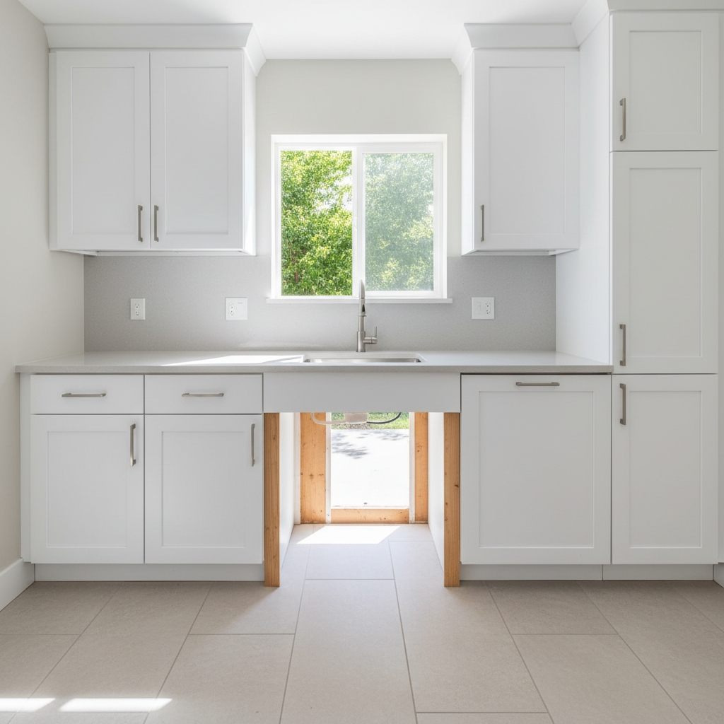 Modern kitchen remodel in progress with new plumbing fixtures being installed, bright open space, natural light
