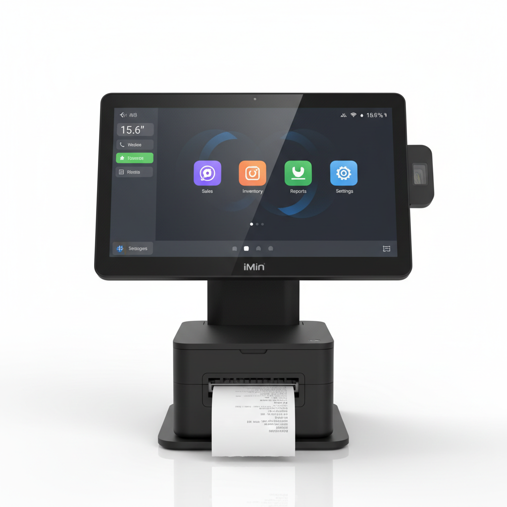 iMin Swan 2 Pro Printer all-in-one POS terminal with 15.6 inch touchscreen and built-in 80mm thermal printer on white background