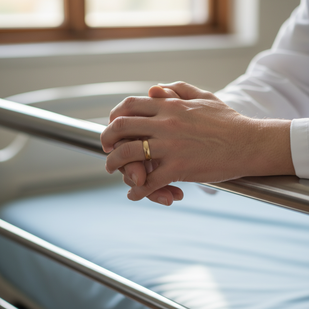 Close-up of a physician's hands folded on a hospital bed railing, soft light from a window