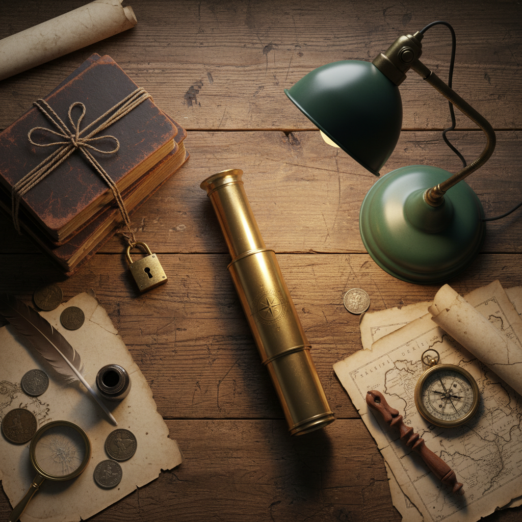Explorer's Collection flat-lay on worn oak table — brass telescope, leather books tied with twine, and vintage desk lamp