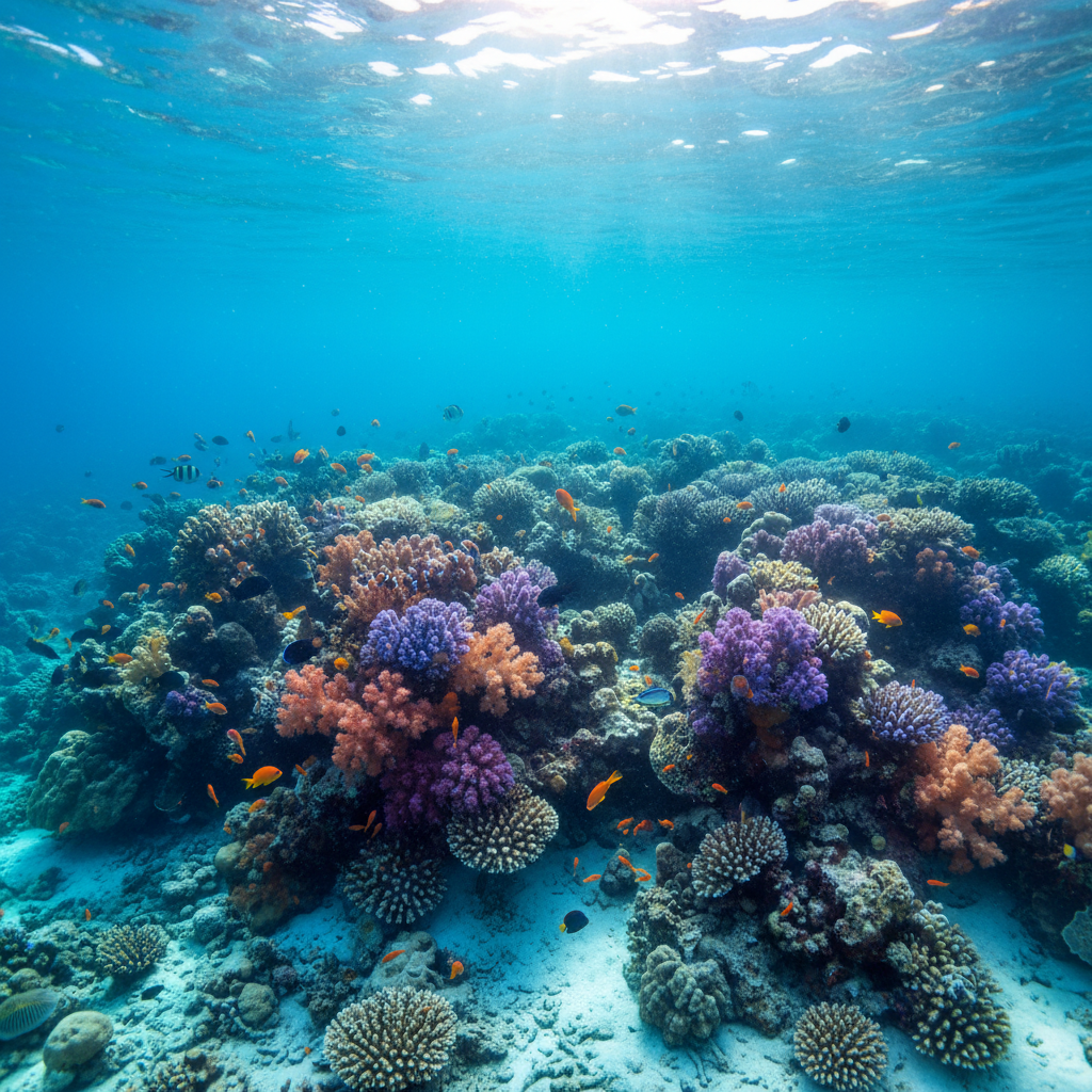 Crystal clear Red Sea turquoise water, vibrant coral reef visible below surface, bright sunny day