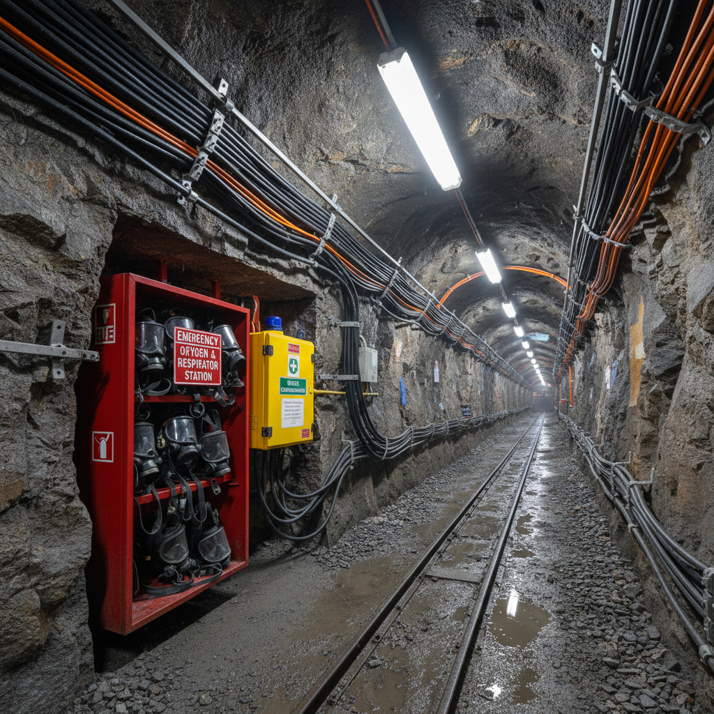 Underground mine tunnel with communication cable infrastructure and emergency equipment station