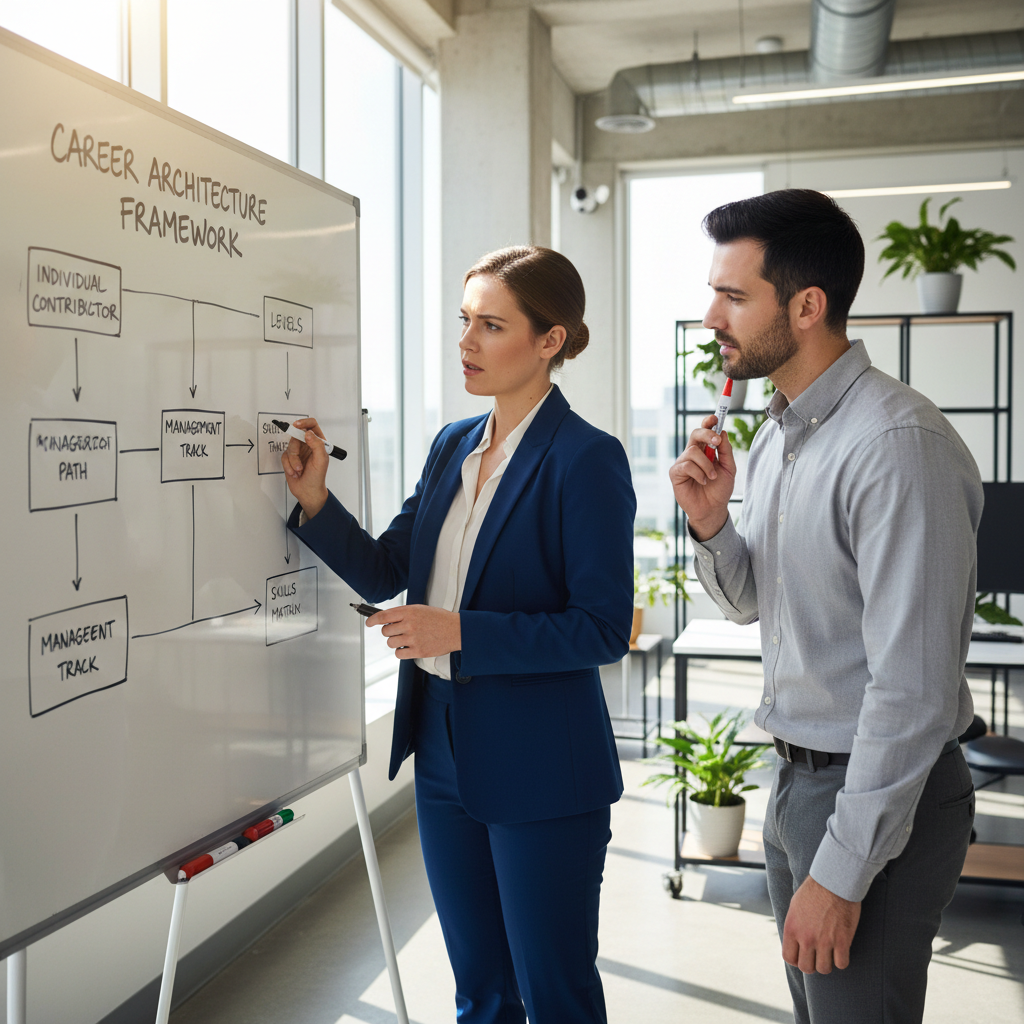 Two people at a whiteboard having a focused discussion about career architecture diagrams