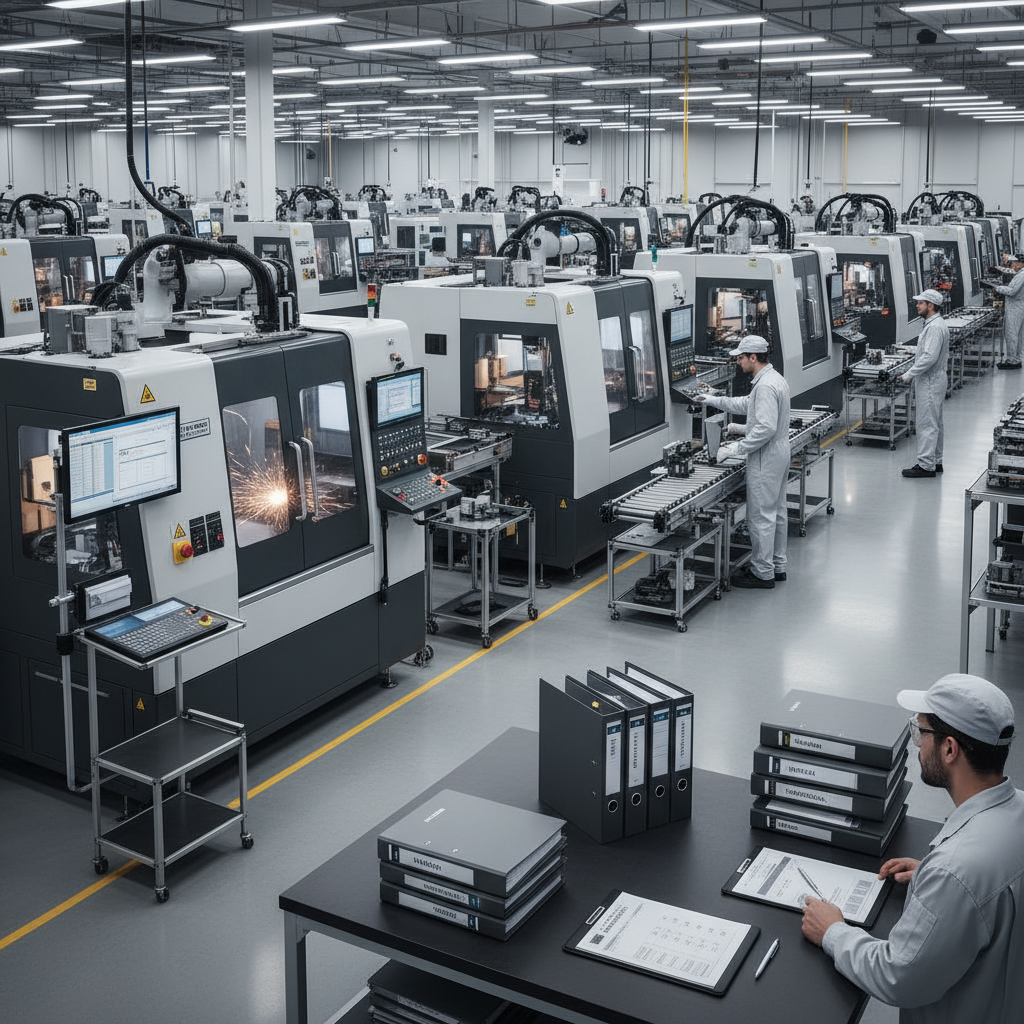 Precision manufacturing floor with machinery and policy documents on a desk in the foreground