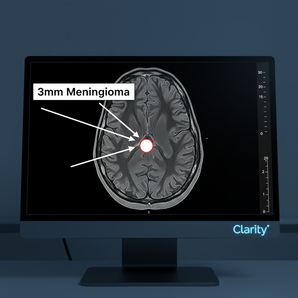 Contrast-enhanced MRI brain scan showing 3mm meningioma with annotation arrows, rendered on Clarity system