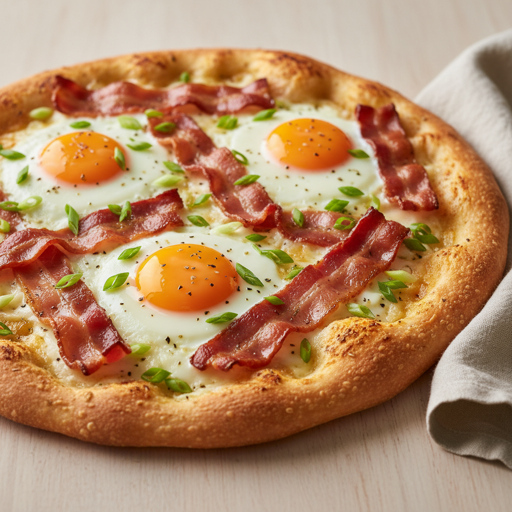 Breakfast pizza with scrambled eggs, bacon, cheese, and hash brown crust