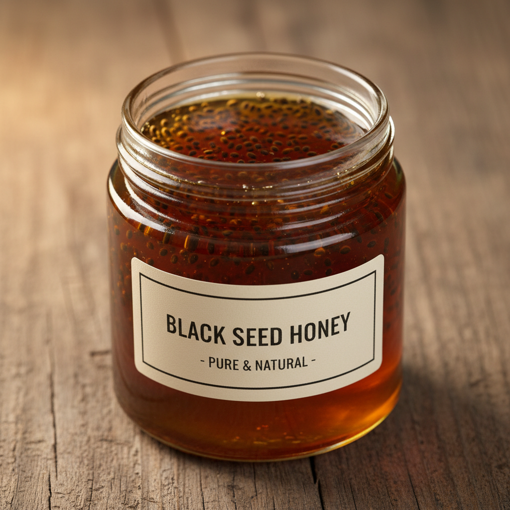 Rich dark honey with black seeds in a glass jar, warm studio lighting
