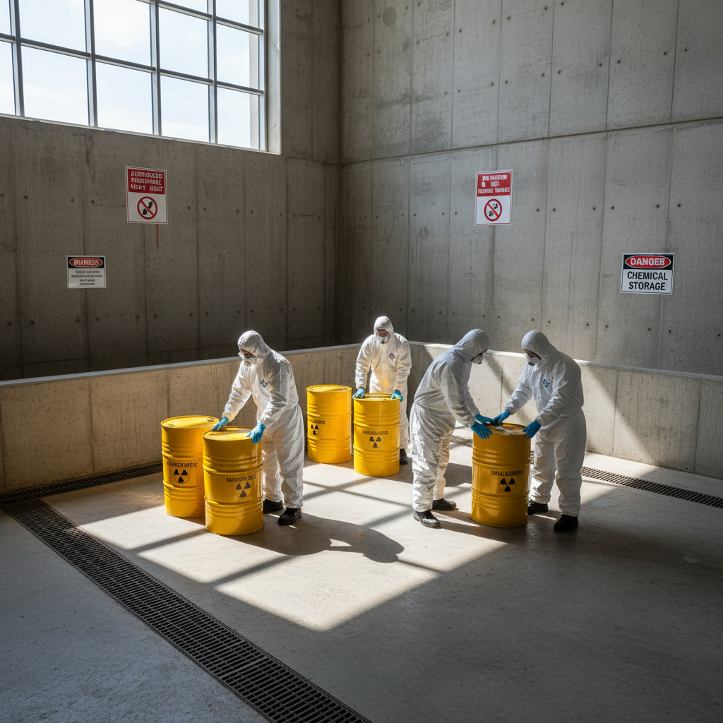 Industrial waste management facility with organized containers and safety signage in daylight