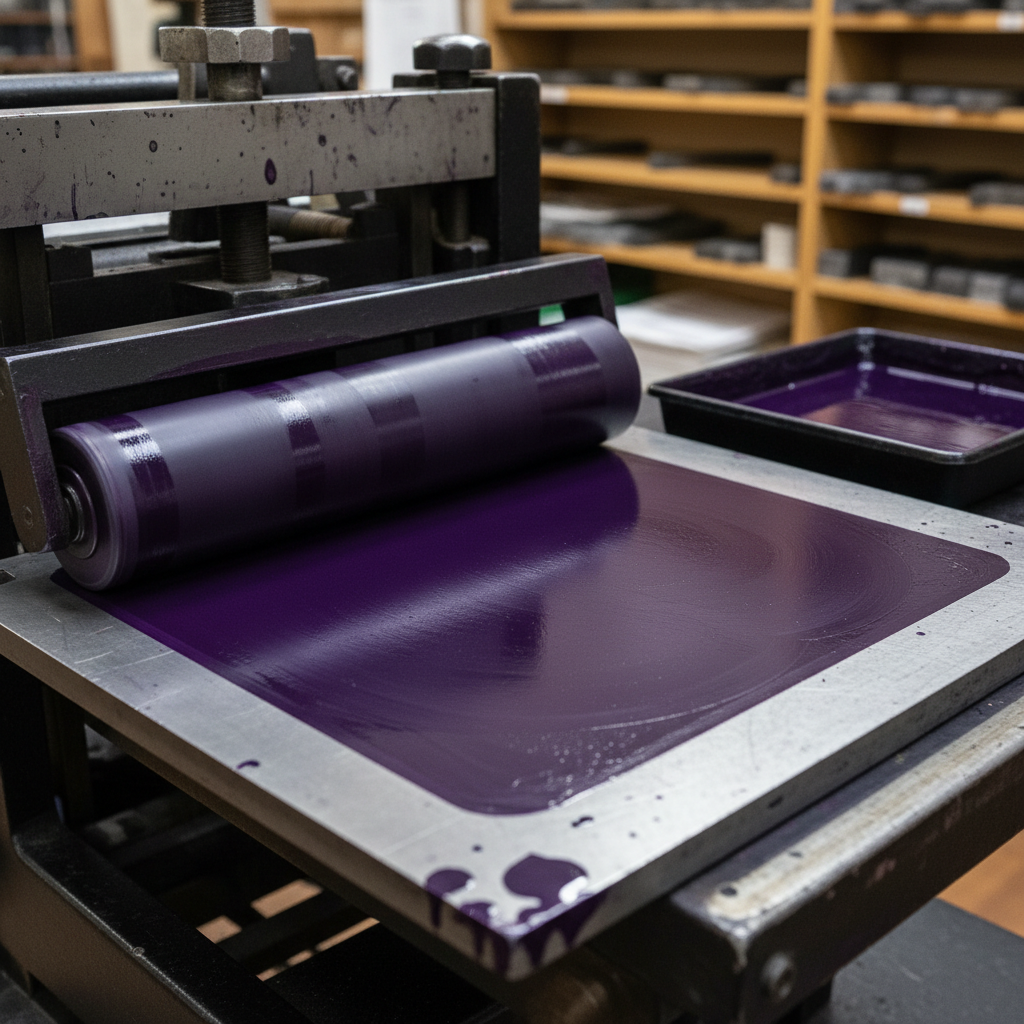 Violet ink rolled across a brayer on the letterpress, deep purple spreading evenly