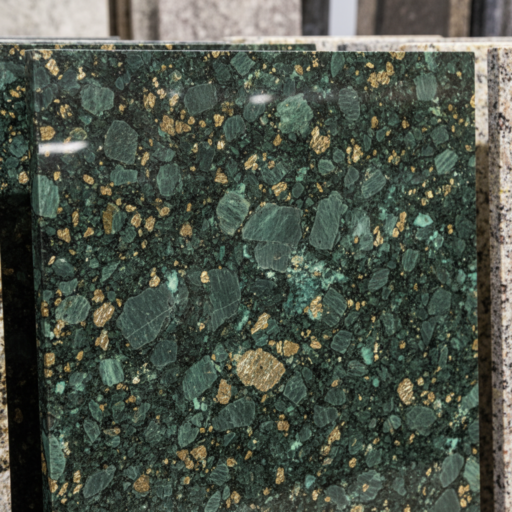 Verde Ubatuba green granite slab with dark green base and gold mineral flecks