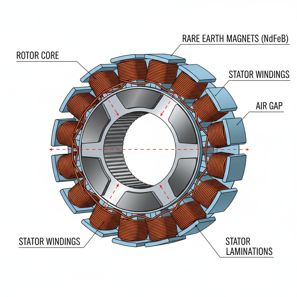 Permanent magnet motor cross-section showing rare earth magnet arrangement