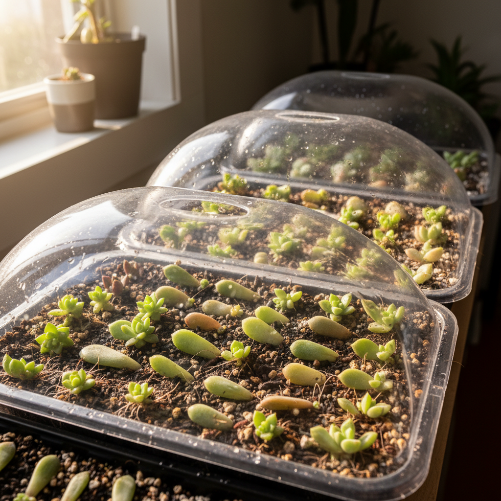 Three clear plastic propagation domes over trays of succulent leaf cuttings on a bright surface