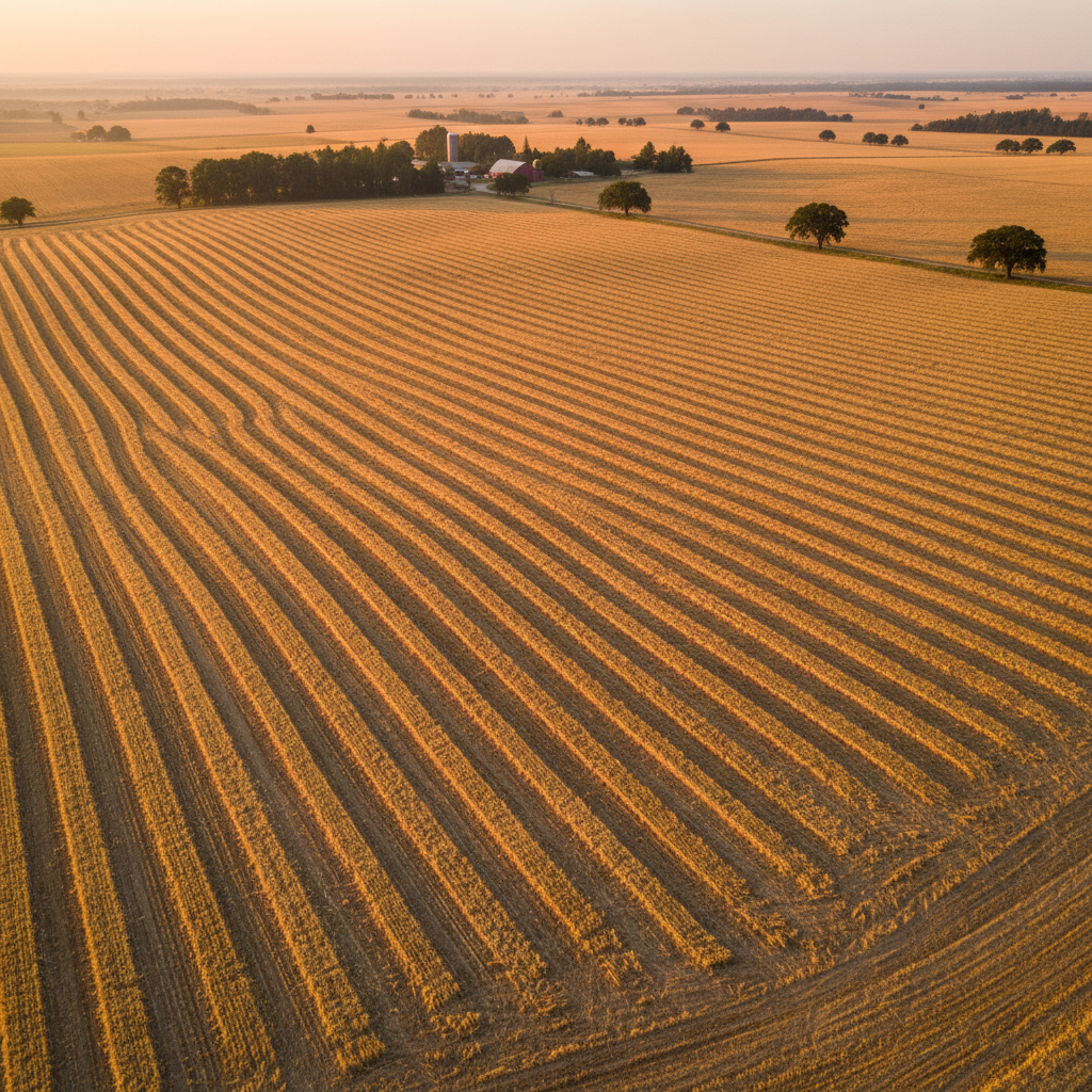 Aerial view of contracted harvest fields at golden hour with crop rows stretching to horizon