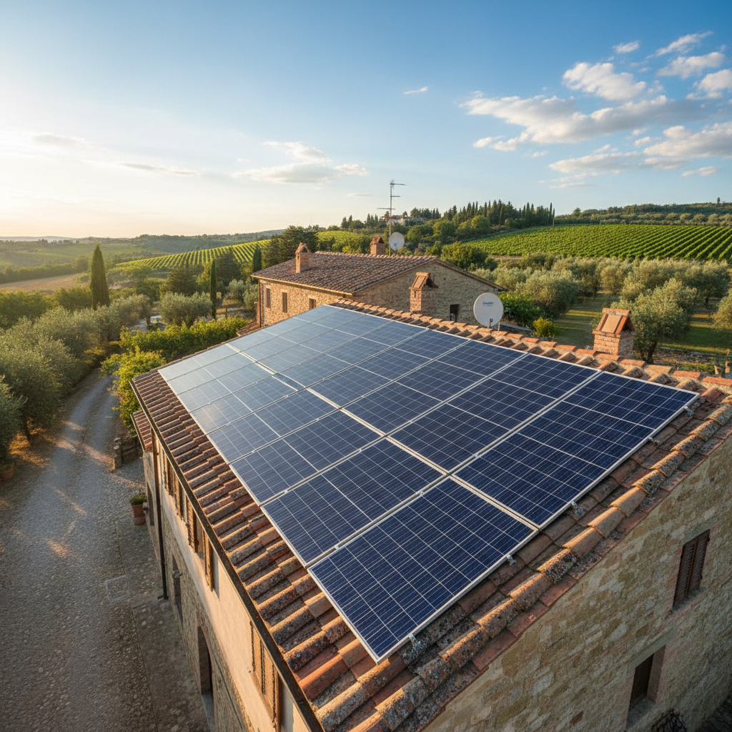 Pannelli solari fotovoltaici installati su tetto inclinato di abitazione italiana