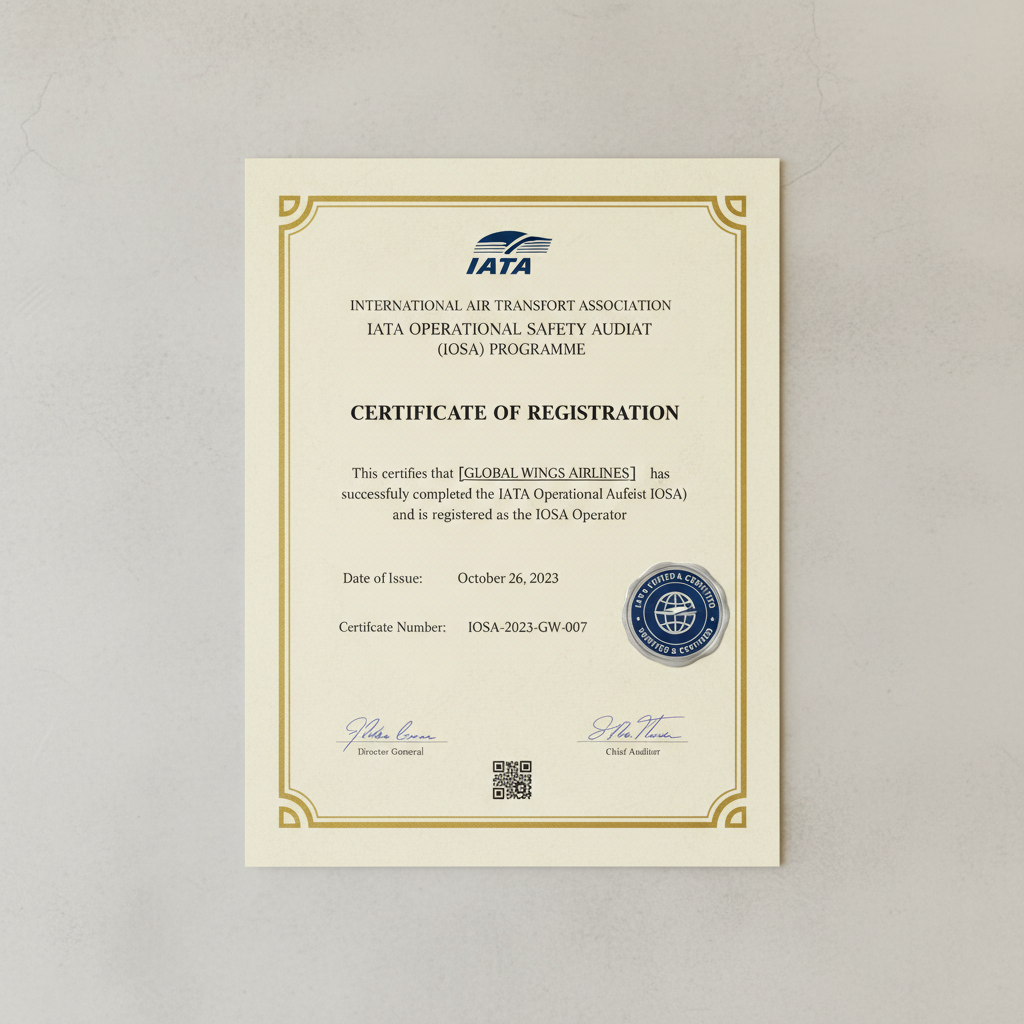 International aviation safety audit certificate with IATA verification seal
