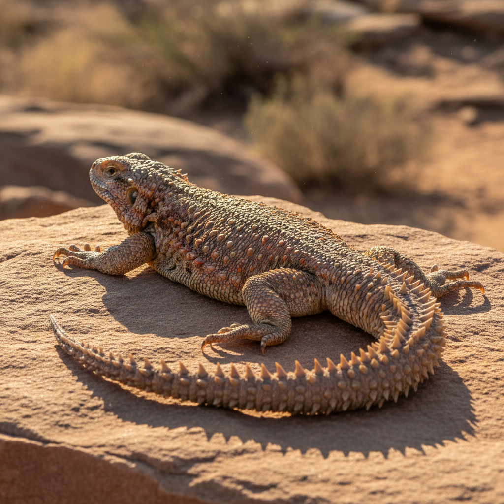 Uromastyx in full basking posture, spiny tail and textured dorsal scales in warm sidelight