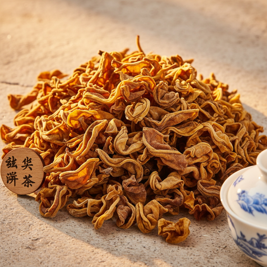 白瓷茶杯中盛有深红色滇红茶汤,茶汤清澈透亮,周围散落金黄色干茶叶,背景为奶白色桌面