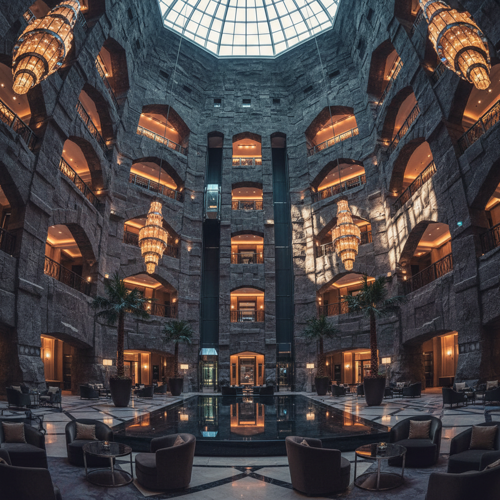 Luxurious Dubai hotel interior at night with deep shadows, amber candlelight, dark marble surfaces and low-key atmospheric lighting