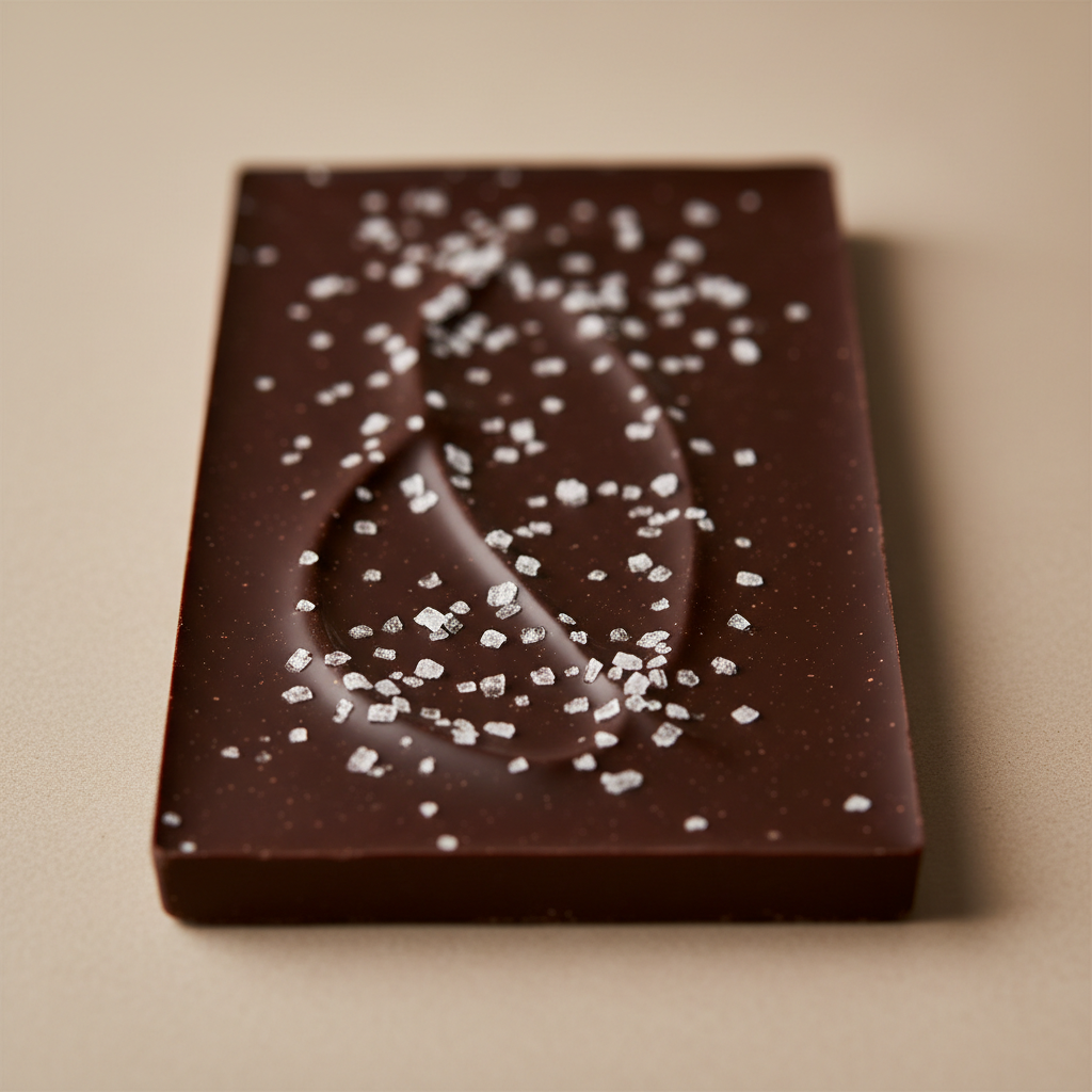 Artisan chocolate ganache from Peru origin, glossy dark surface with warm ambient light