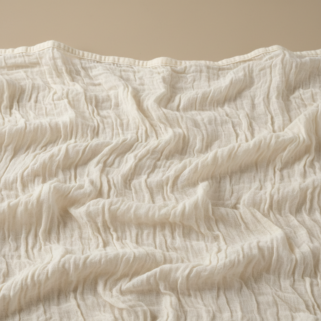 Close-up of premium white cotton RFD fabric with fine weave texture, neutral studio lighting