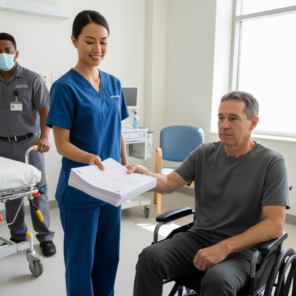 Nurse handing discharge paperwork to patient with transport driver waiting
