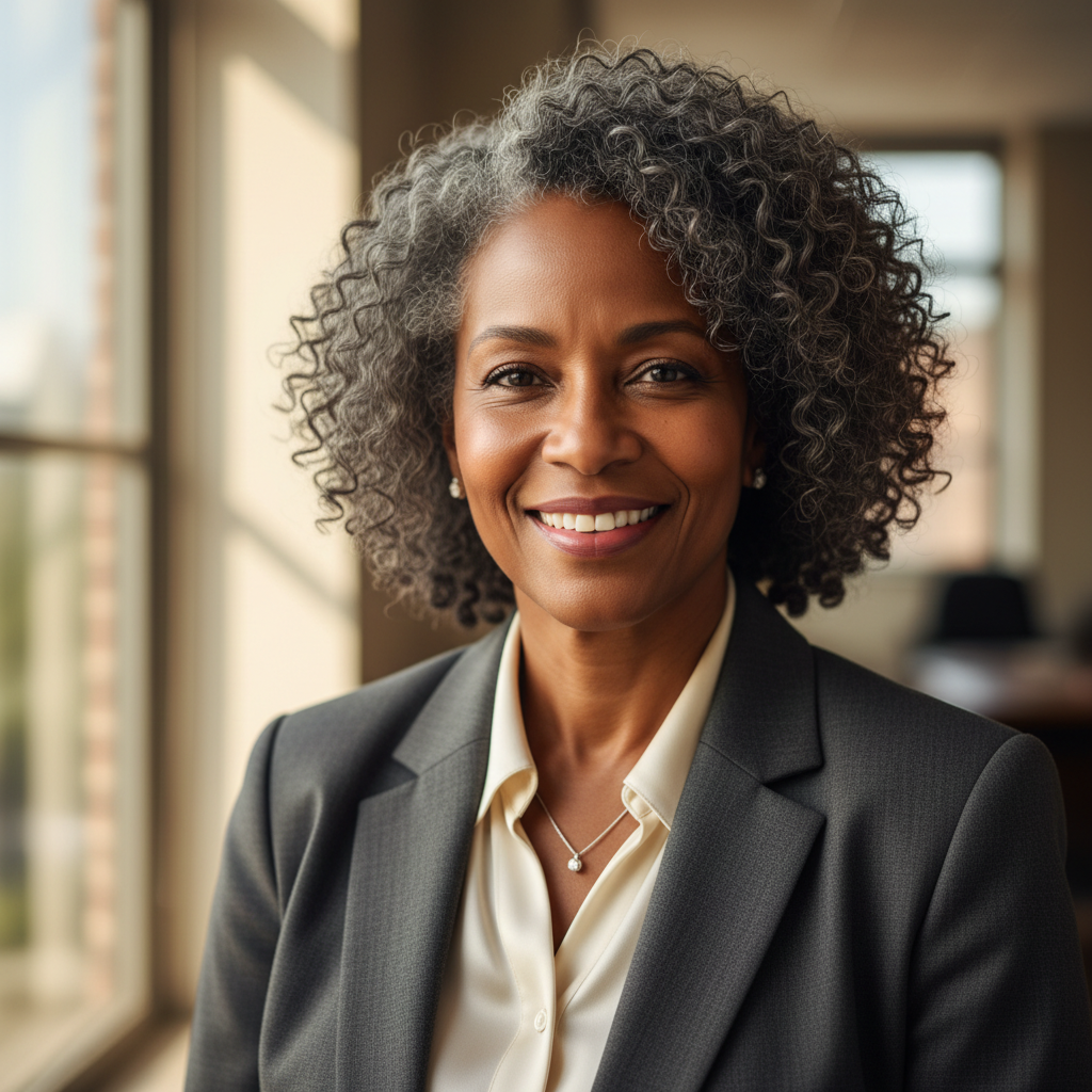 Patricia Okafor, a 62-year-old woman with natural hair and a warm smile, wearing professional attire, photographed in natural window light