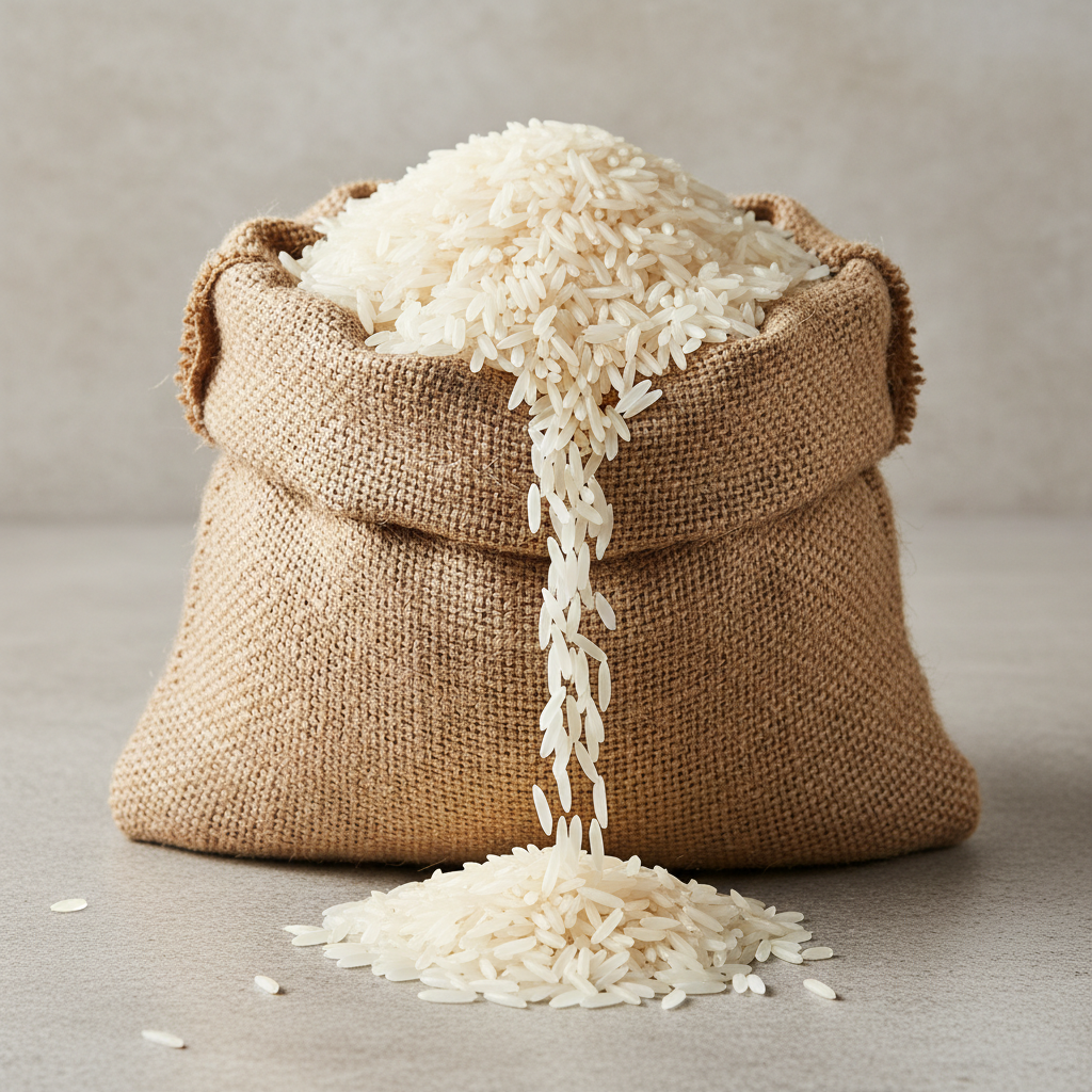 White jasmine rice grains in open burlap sack
