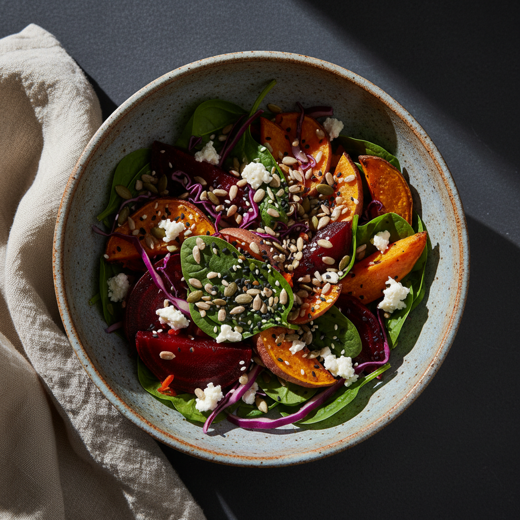 Overhead shot of a handmade ceramic bowl with a composed salad on dark slate surface, seeds glistening under hard directional light, linen napkin entering frame from left