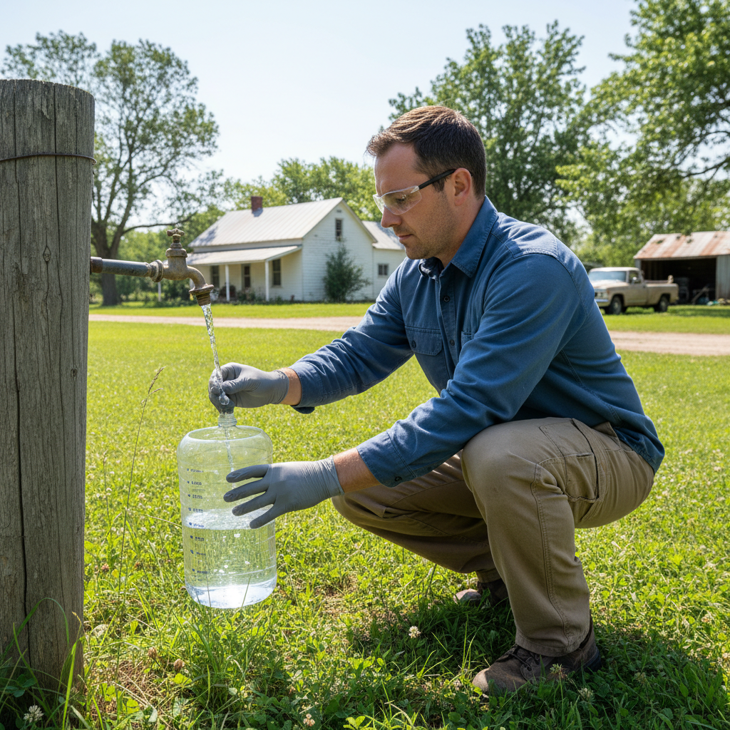 Wellspring technician Marcus Webb conducting on-site water testing at a rural home